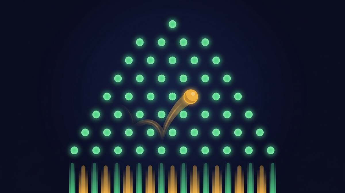Plinko board with gold ball falling through green pegs into multiplier slots