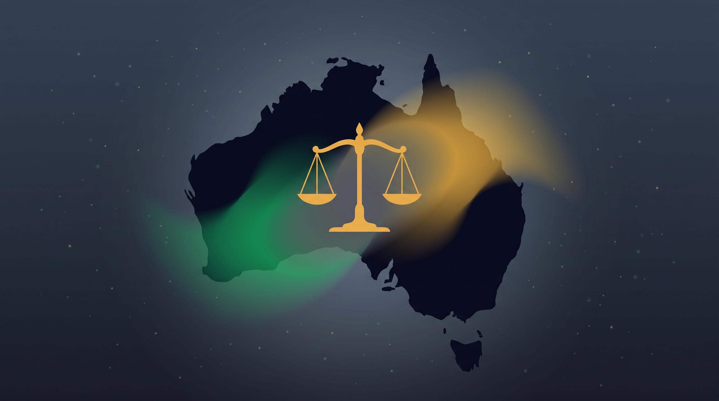 Map of Australia with scales of justice and a grey-market zone overlay