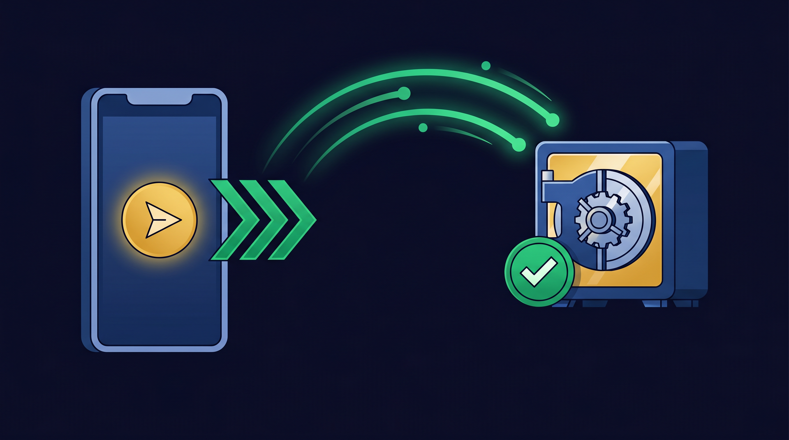 PayID flow: phone transferring funds via an arc to a bank vault with a green checkmark