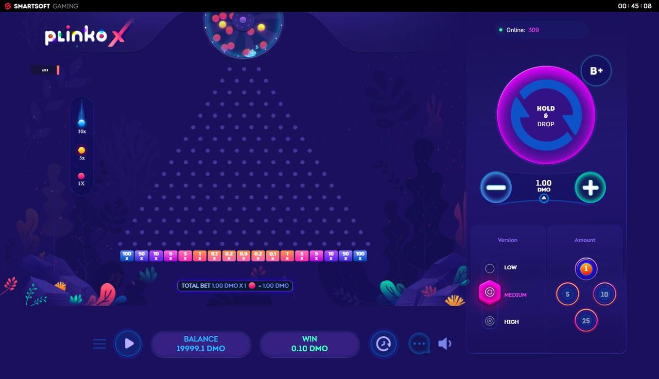 Smartsoft Plinko X demo with hold-and-drop control and neon multiplier tiles