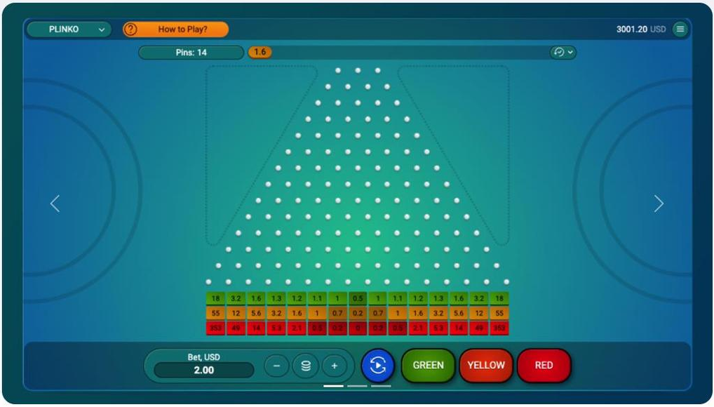 Spribe Plinko demo with green–yellow–red multiplier tiers below the pyramid