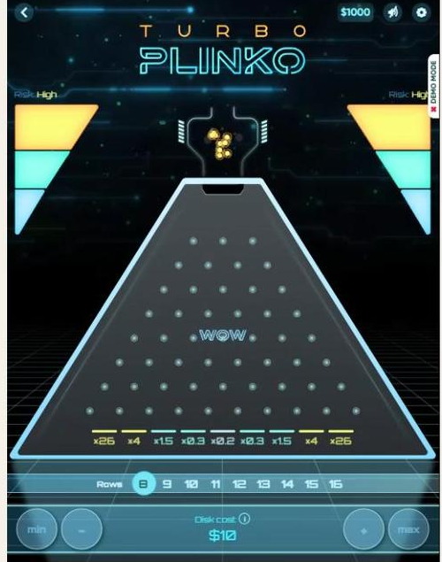 Turbo Games Turbo Plinko demo showing 8-row board and side risk zones